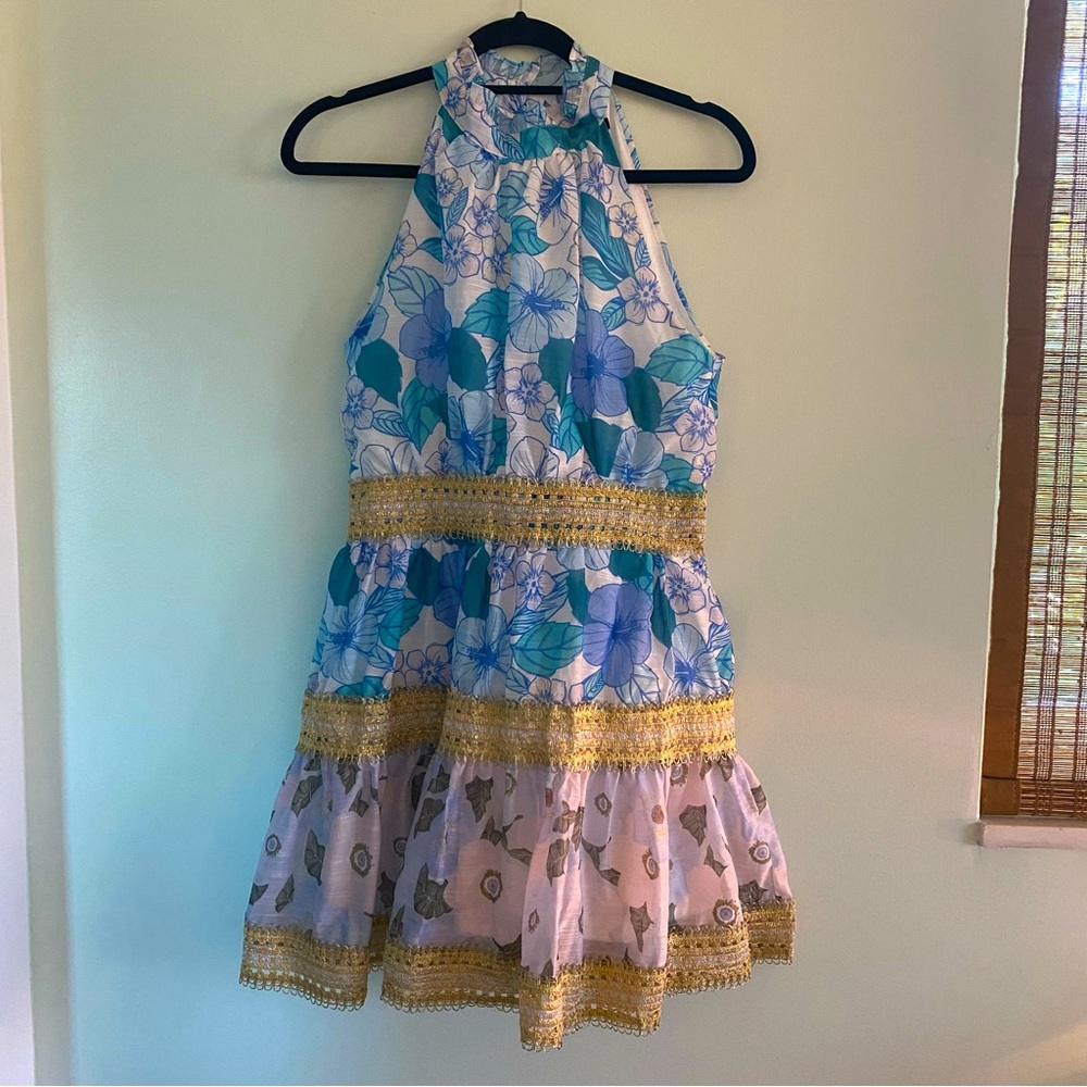 Blue High Neck Hibiscus Dress